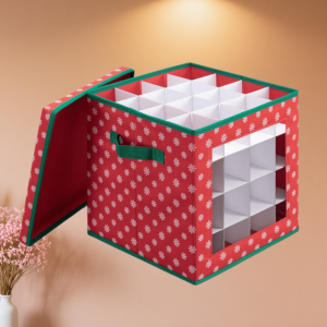 64 Grids Ornament Storage Box with Lid – Christmas Ornament Organizer with Adjustable Dividers, Foldable Non-Woven Fabric Storage Container